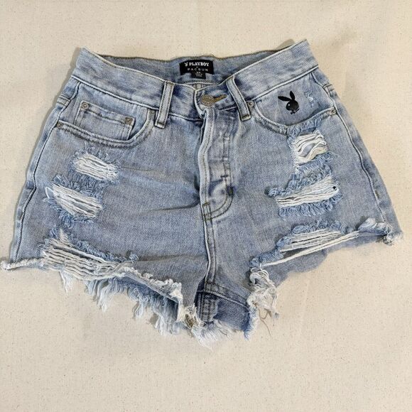 PLAYBOY X PACSUN FUNNY BUNNY VINTAGE HIGH WAISTED DENIM JEAN CUT OFF SHORTS 24 - Picture 2 of 12